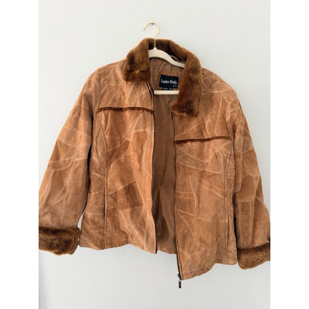 Leather Works vintage Suede patchwork Tan Lined Zip Up Y2K 90’s Retro Hippy XL